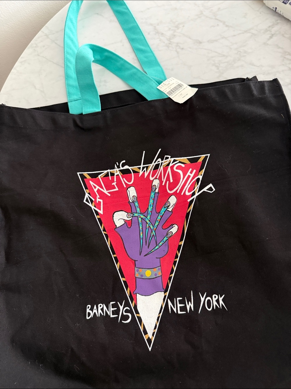 Barneys New York Black Tote with Teal Handles and Colorful Hand Graphic
